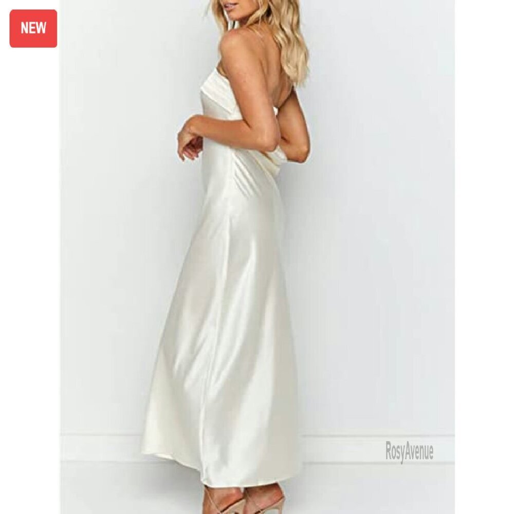 Satin Strapless Maxi Dress Backless Formal Wedding Guest Gown - Picture 4 of 8